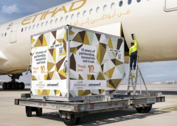 A Jettainer pallet awaits loading onto an Etihad Cargo plane