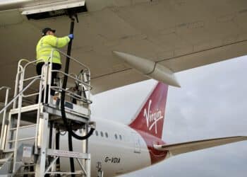 A Virgin Atlantic plane is being fueled