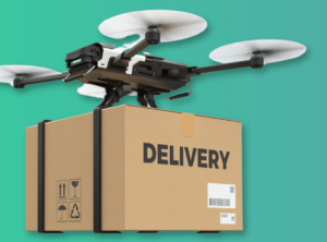 A drone carries a cardboard box marked for delivery